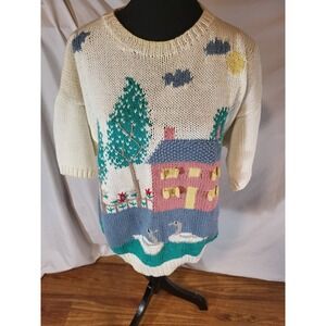 Vtg Deans Of Scotland S/S Novality House Ducks Sweater Size L
